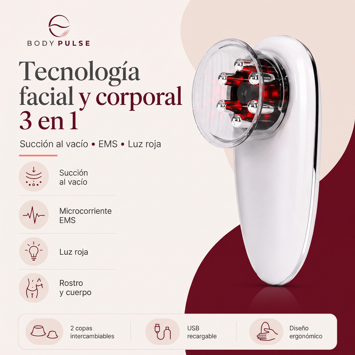 Dispositivo 3 en 1 EMS, Succión y Luz Roja